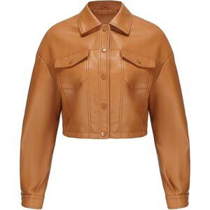Women Brown Cropped Moto Biker Short Comfortable Pu Faux Leather Fashion Jacket